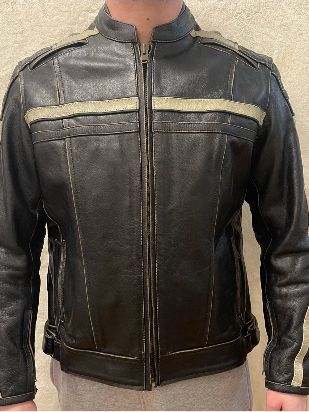 Men's Black Leather Motorcycle Bomber Jacket with Cream Racing Stripes